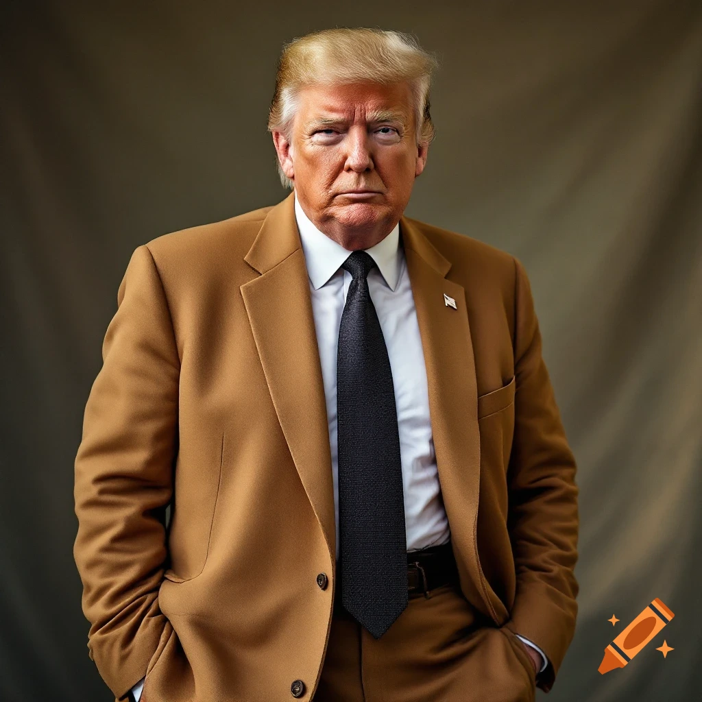Portrait of Donald Trump wearing a tan suit