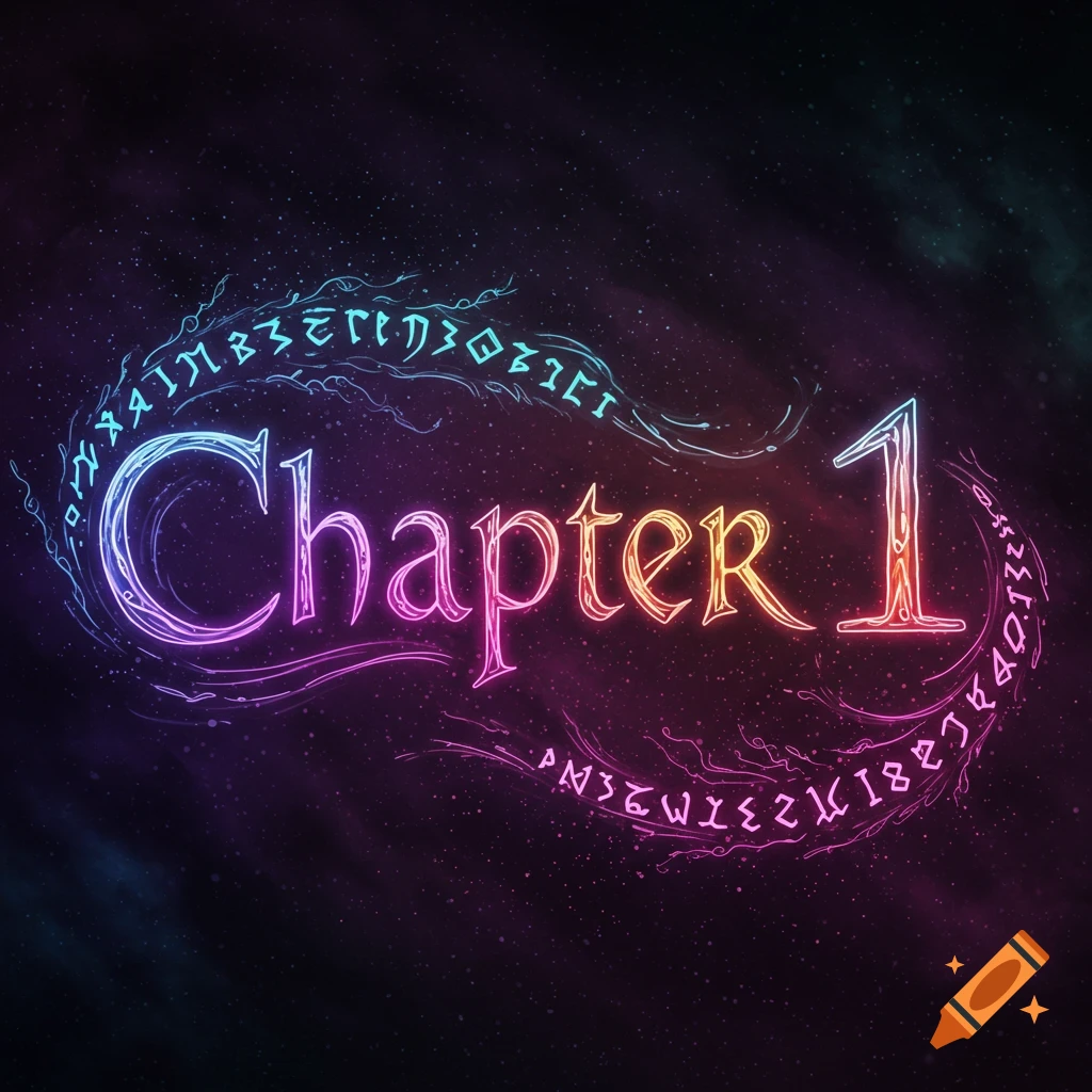 Glowing text 'Chapter 1' surrounded by mystical symbols on a starry cosmic background.