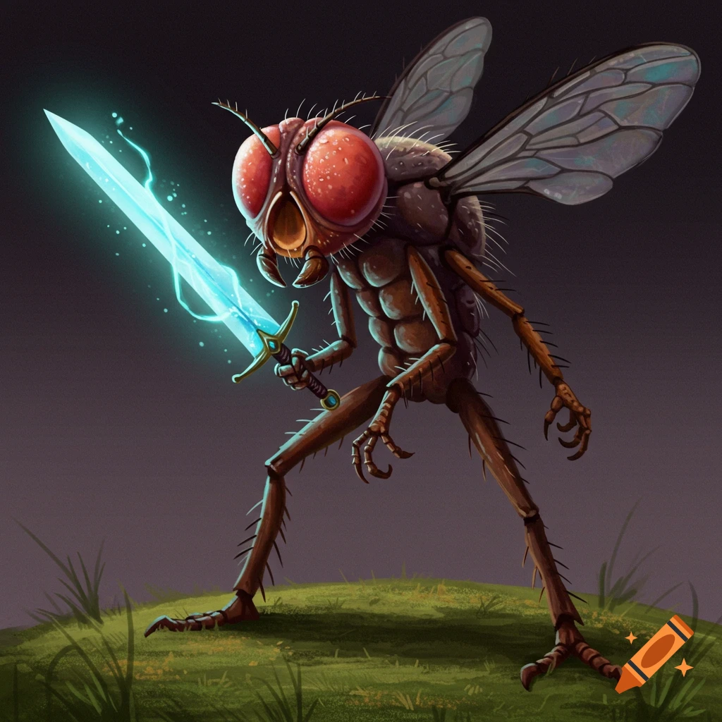 A large, aggressive-looking fly stands on a hill, holding a glowing blue sword.