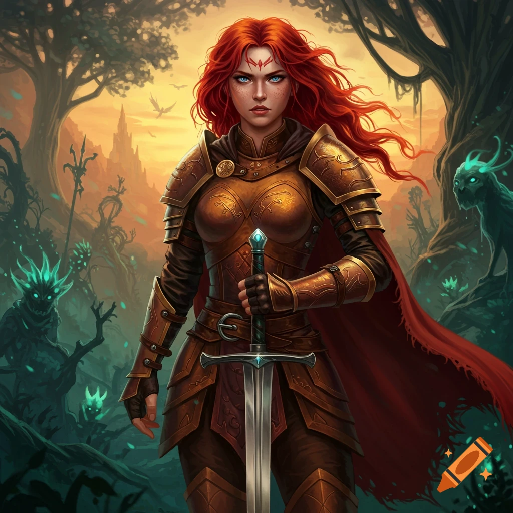 Red-haired warrior in bronze armor holds sword in fantasy forest with glowing creatures.