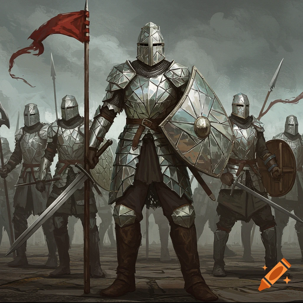 Warriors in segmented metal armor holding weapons and shields under a gray sky.