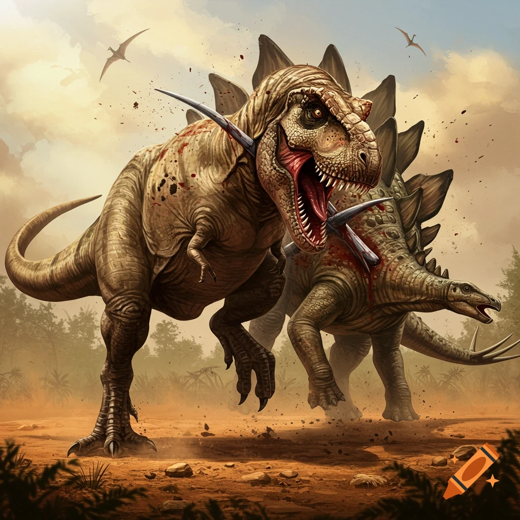 A T-Rex roars in pain as a Stegosaurus impales it with its tail spikes during a fight in a prehistoric landscape.