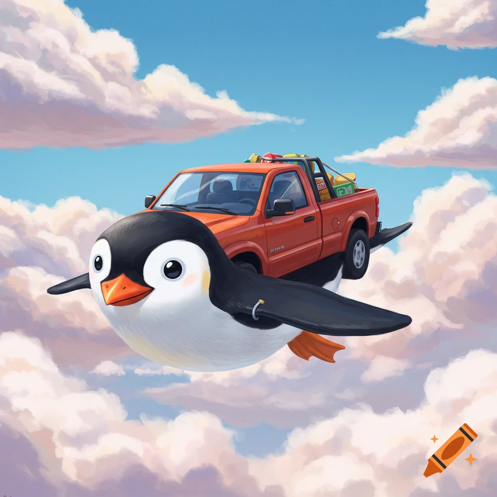 A cartoon penguin flying a pickup truck through pastel clouds.