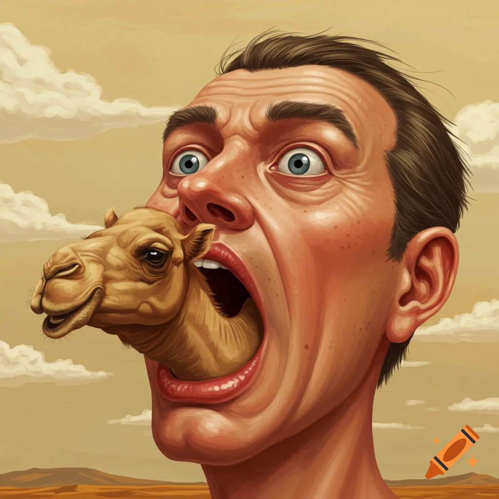 A man with a camel coming out of his mouth.
