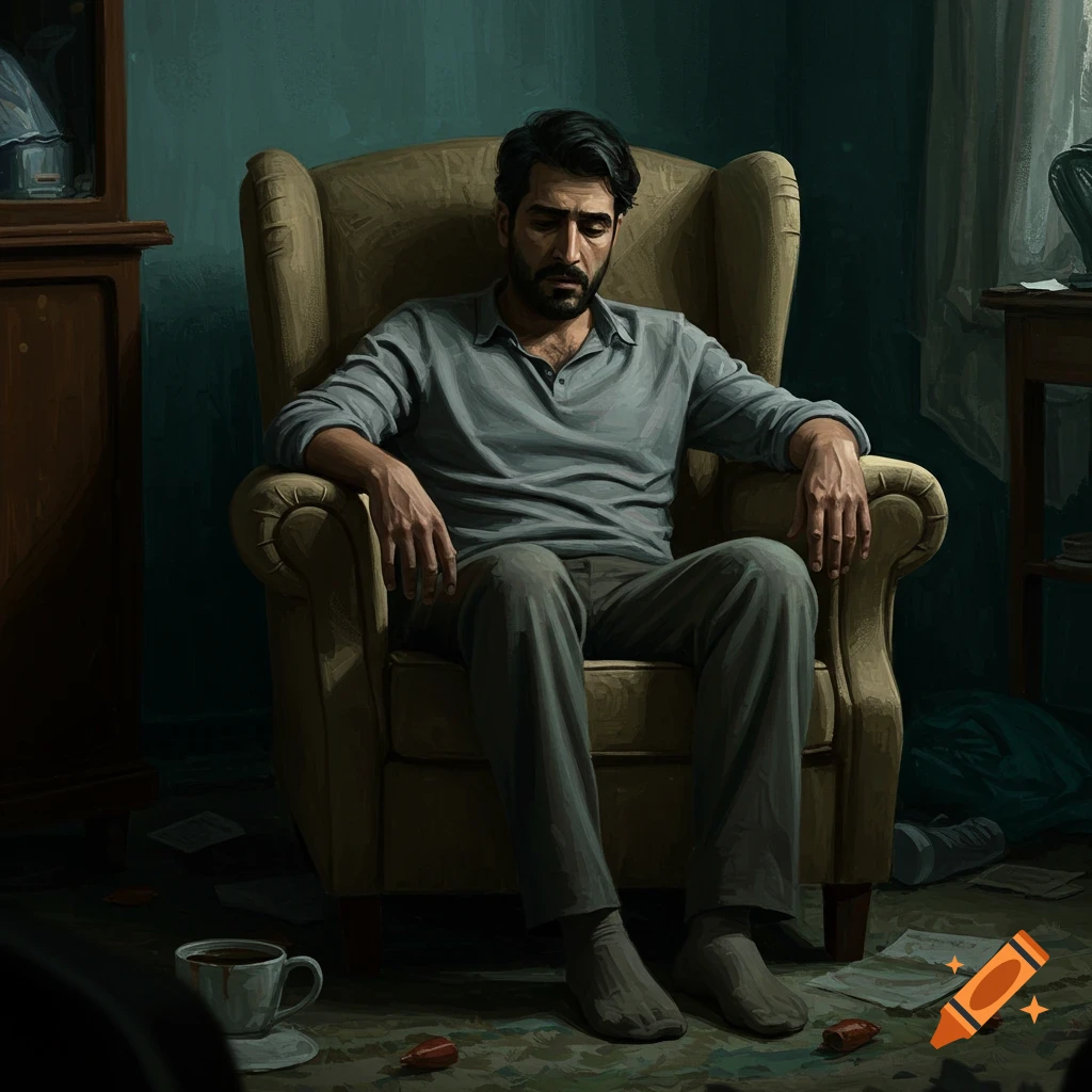 Image of a weary man sitting alone in a dark armchair in a room.
