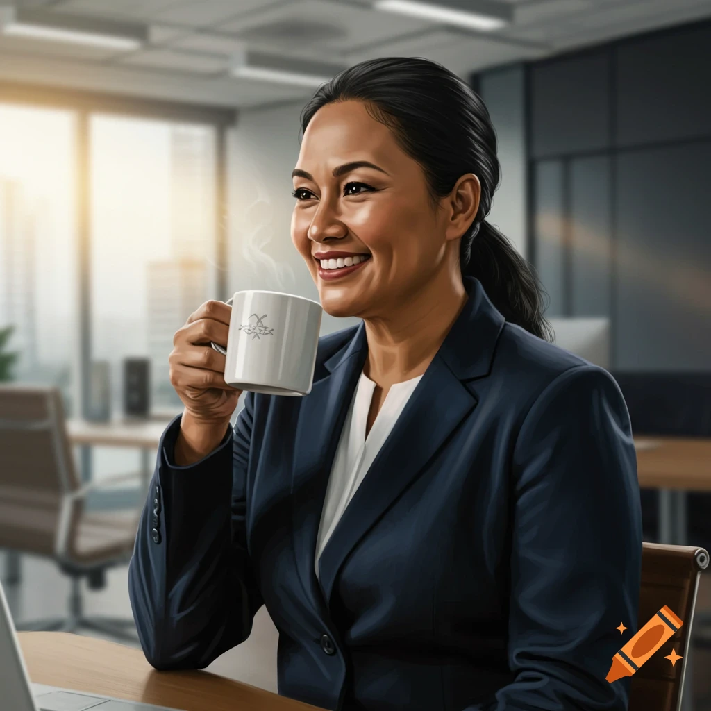 A smiling businesswoman drinking coffee in an office.