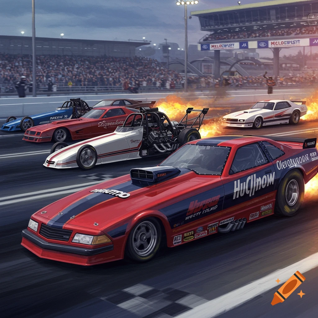 Several drag racing cars speed down a track with flames.
