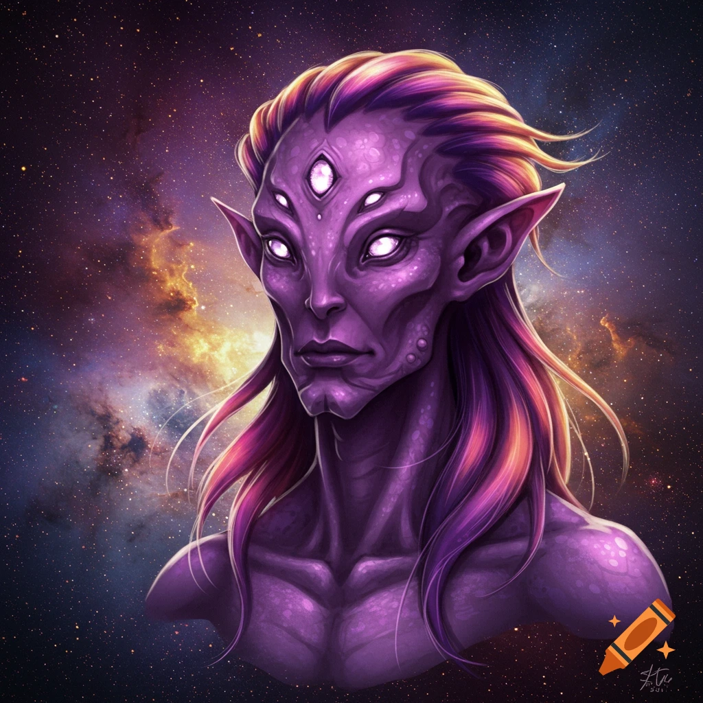 A purple alien creature with multiple glowing eyes and pointed ears, against a galaxy background.