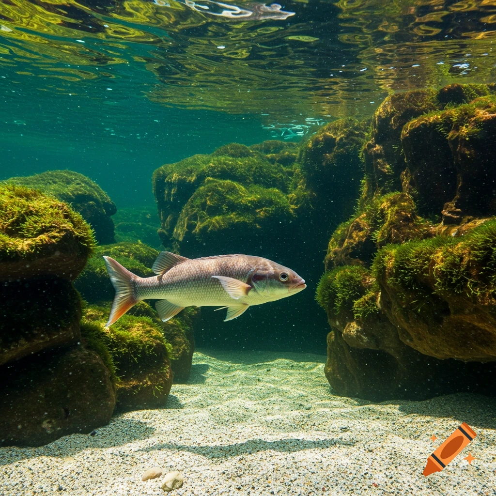 A fish swims underwater near mossy rocks and sand.