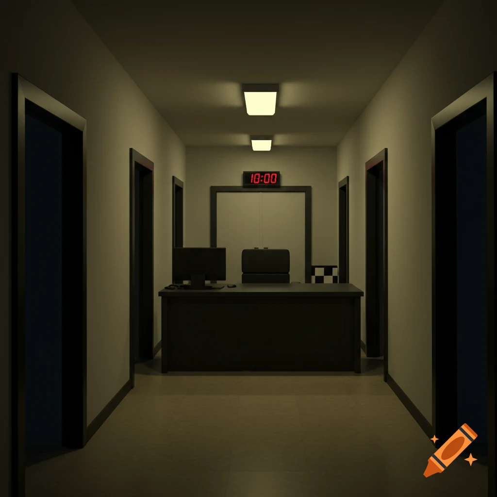 A dimly lit office hallway with a desk, monitor, and a digital clock displaying 10:00. Doors line the left and right walls.