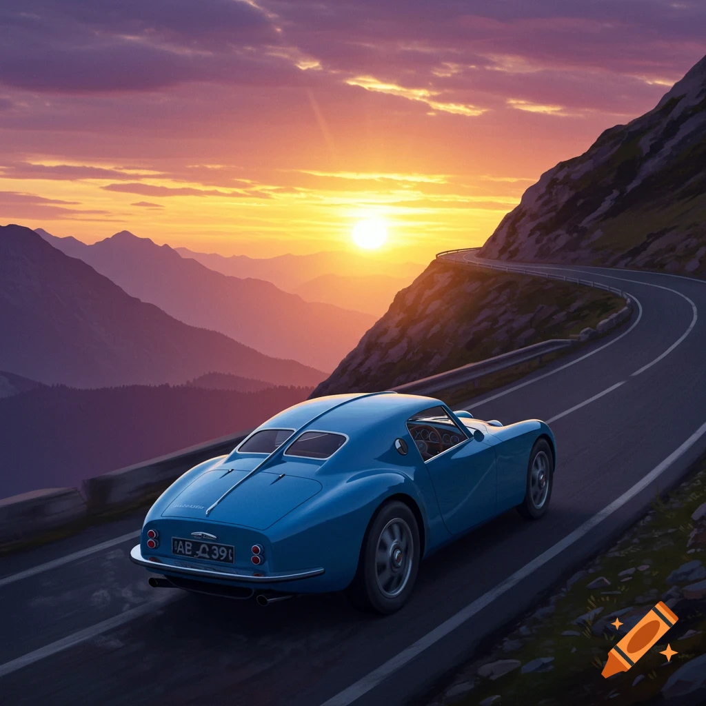 A blue vintage car drives on a mountain road at sunset.