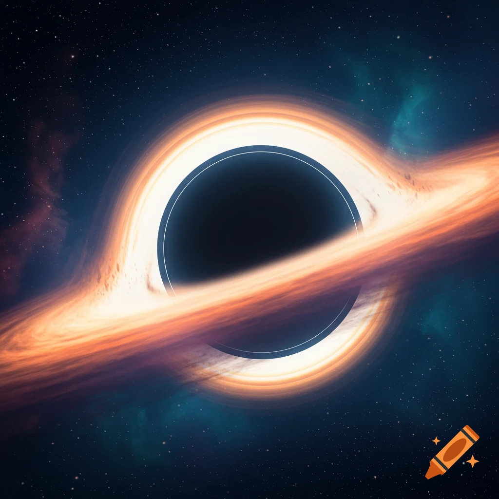 A black hole with a glowing accretion disk against a starry background.