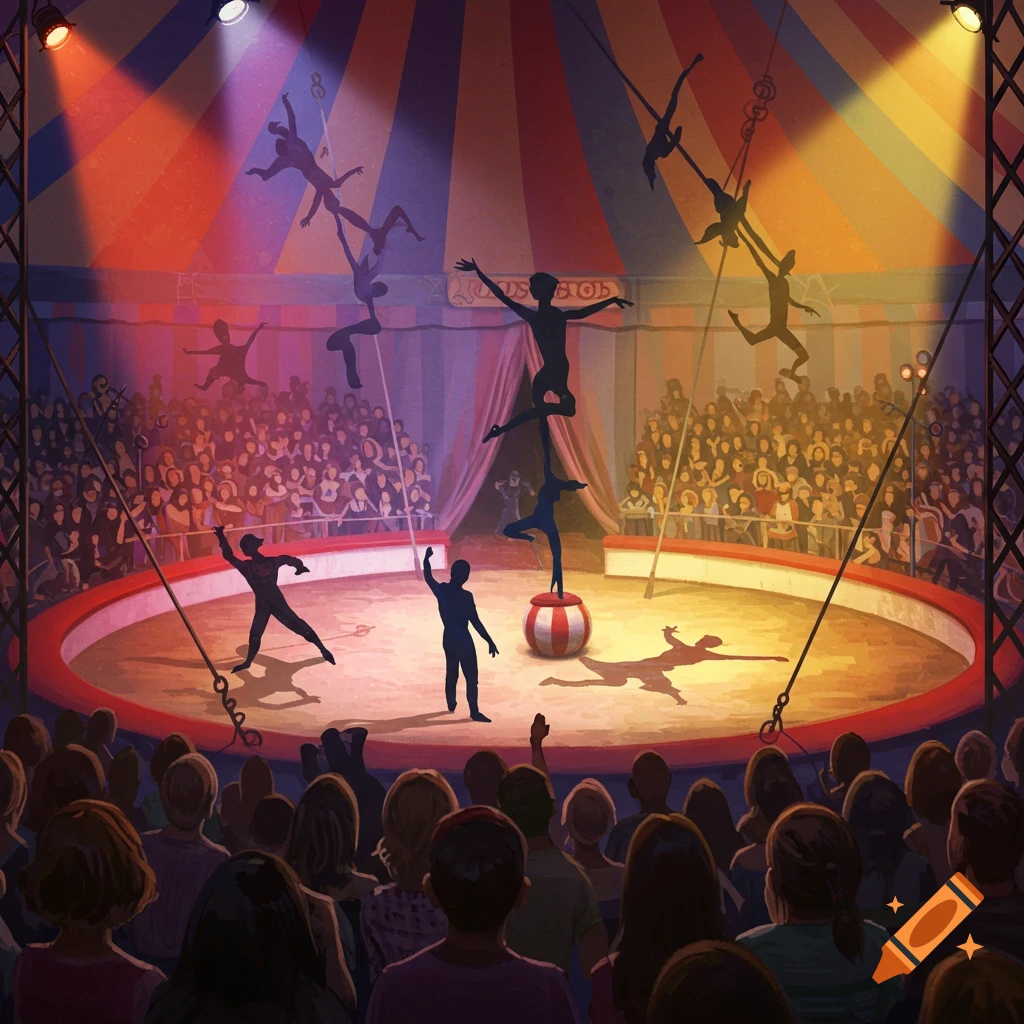 A circus performance with silhouetted acrobats under the big top, watched by an audience.