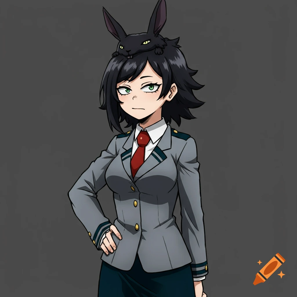 An anime-style female My Hero Academia student with a black rabbit on her head