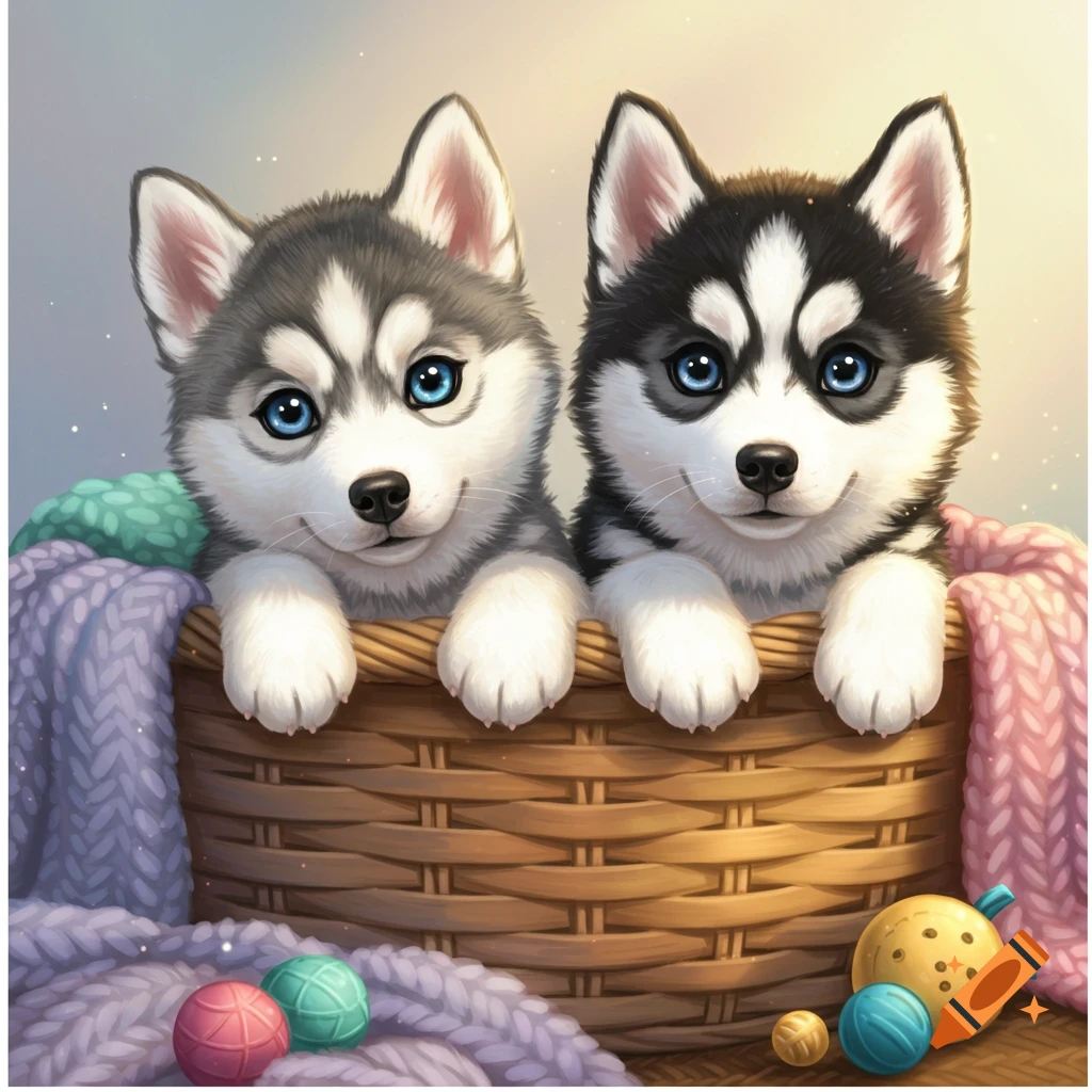 Two cute husky puppies looking out of a basket with blankets and yarn balls