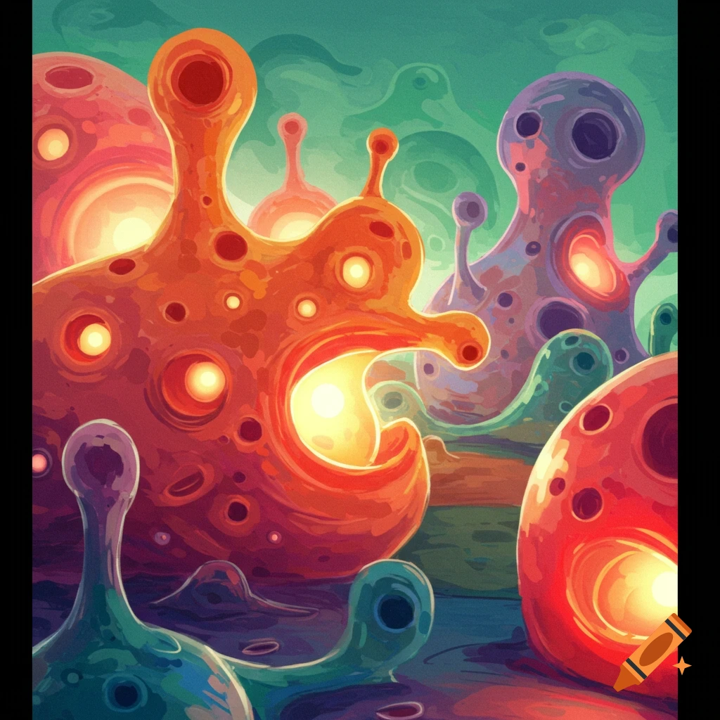 Colorful abstract organic forms with glowing holes