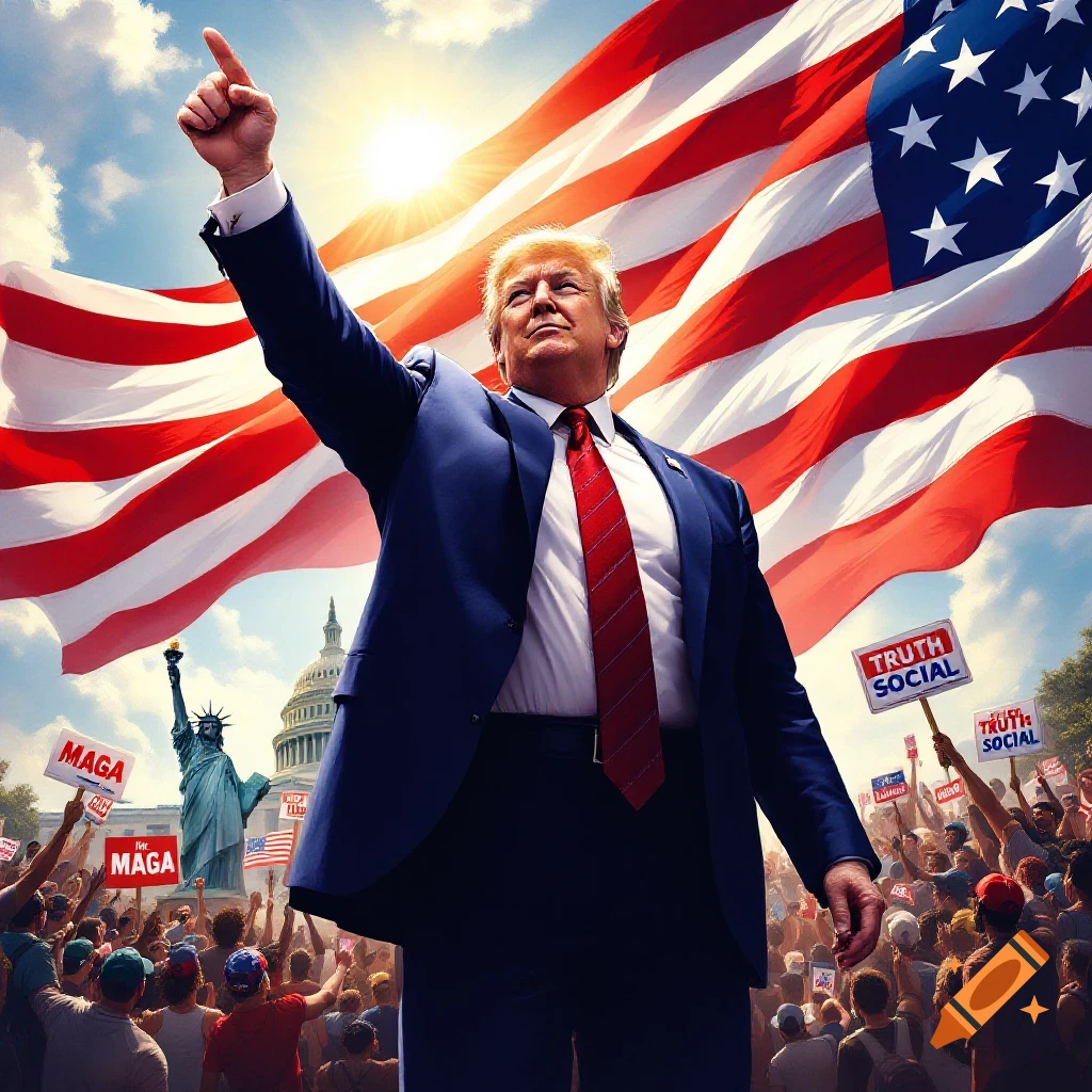 Donald Trump at a rally with a large American flag, Statue of Liberty, Capitol, and supporters holding signs.