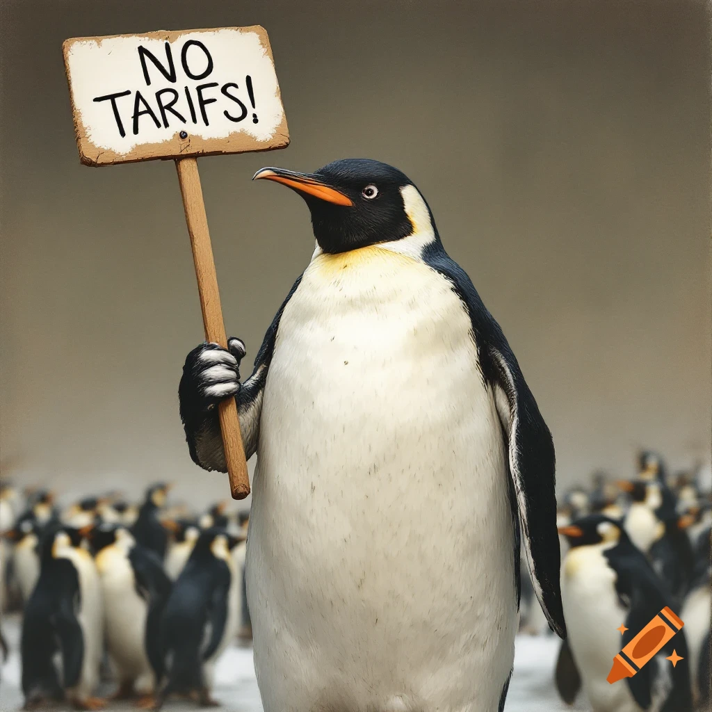 Penguin holding a 'No Tariffs!' sign with other penguins behind it.