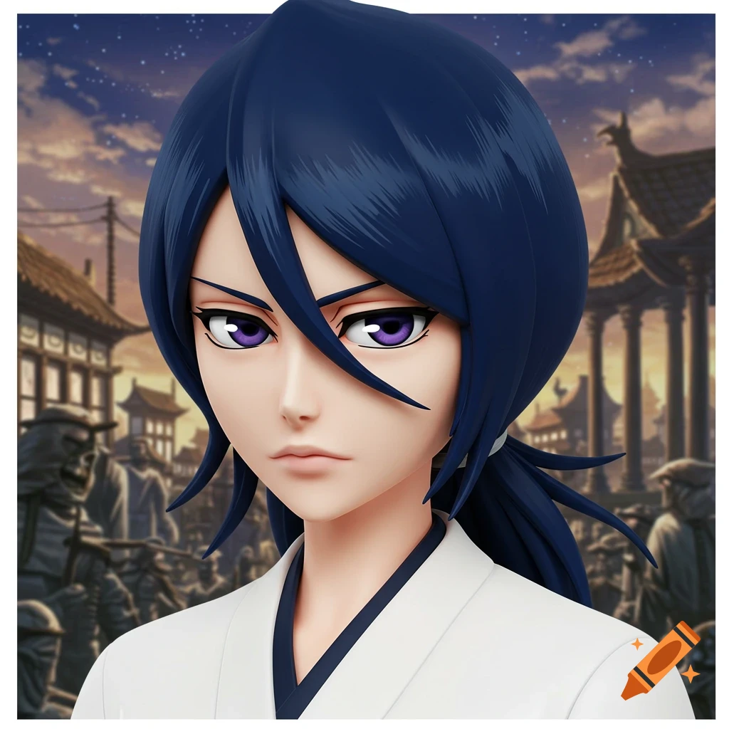 Close-up 3D rendering of an anime character with dark blue hair and purple eyes, wearing a white robe, with a town and sky background.