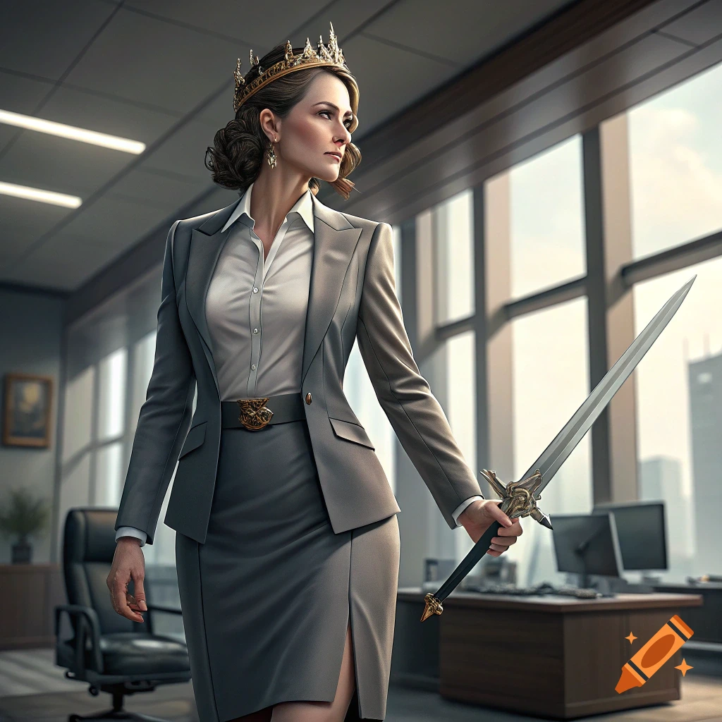 Woman in a business suit and crown holding a sword in an office