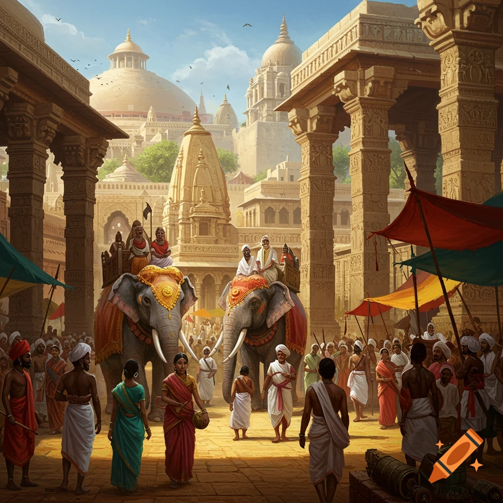 An ancient city scene featuring elephants and people.
