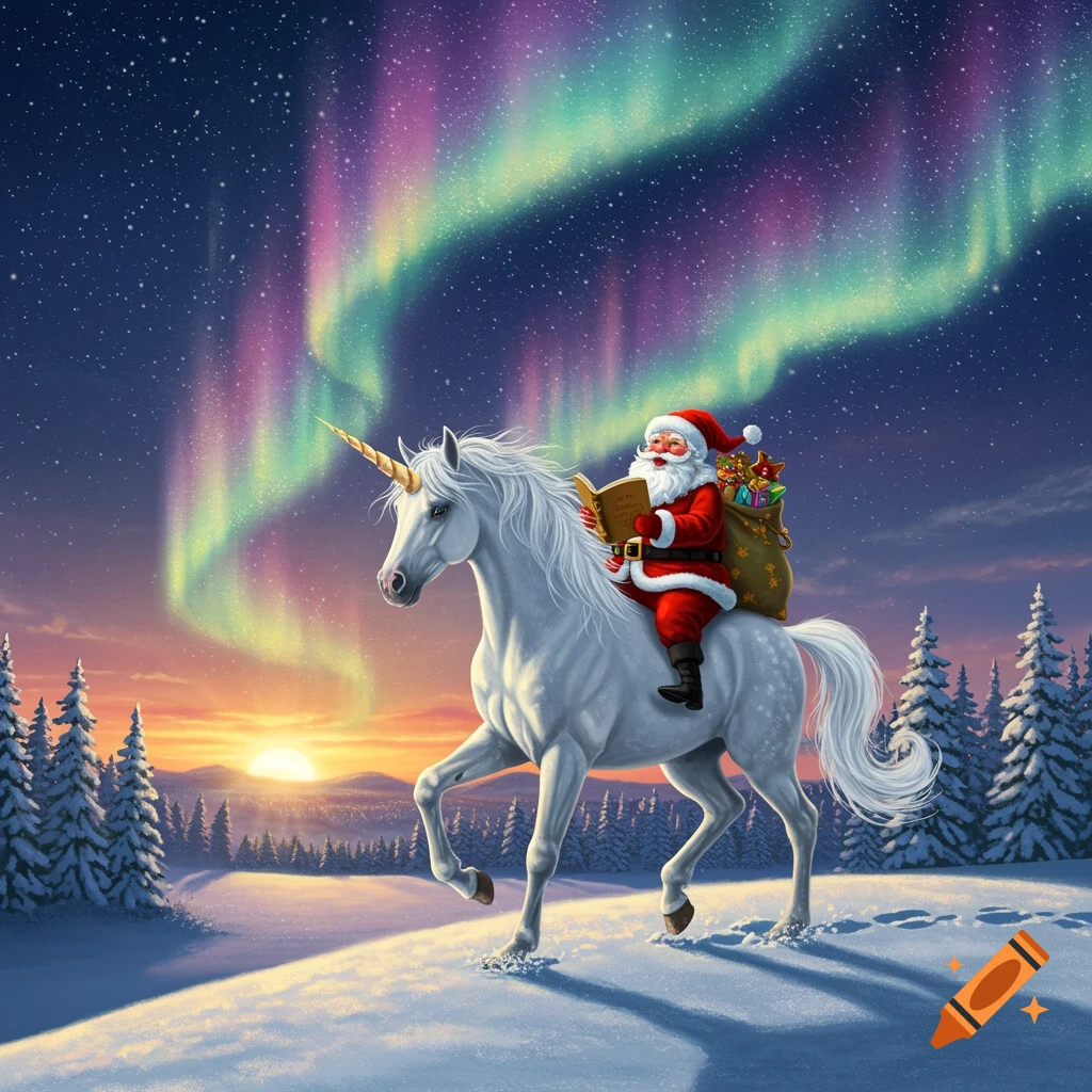 Santa Claus rides a white unicorn through a snowy landscape under a vibrant aurora borealis.