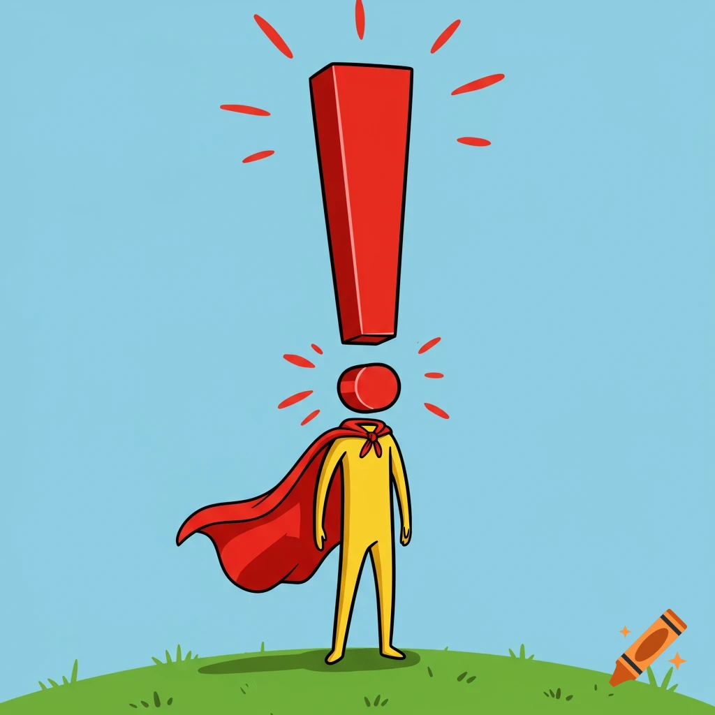 A yellow stick figure with a red cape and a red exclamation mark for a head stands on a grassy hill under a blue sky.