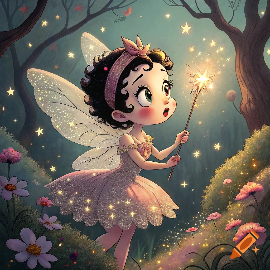 Cartoon fairy girl with wings and a magic wand in a sparkling forest.