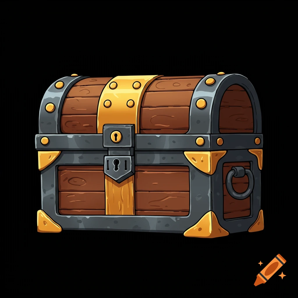 Stylized illustration of a closed wooden treasure chest with metal bands and gold accents on a black background.