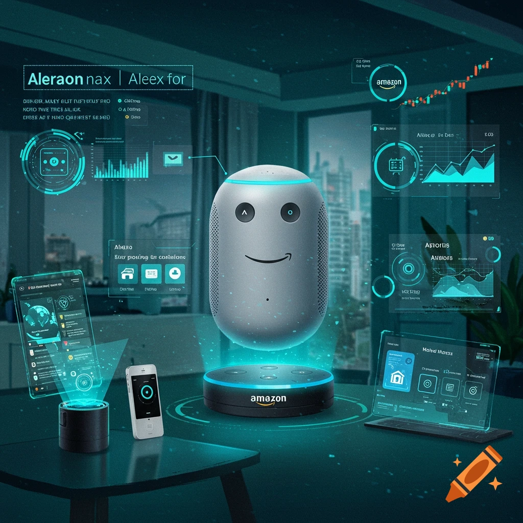 A smart AI assistant device surrounded by glowing holographic UI displays and screens in an office setting.