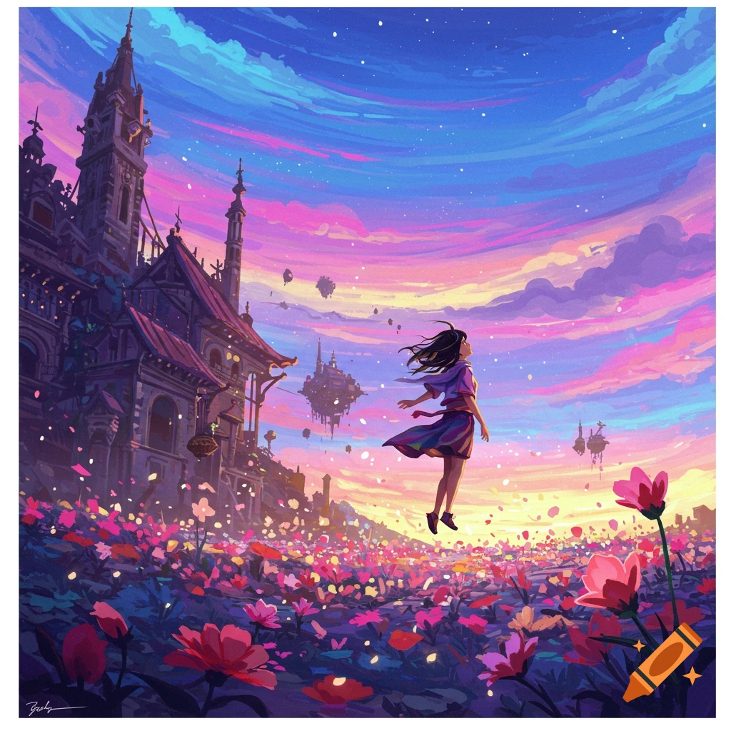 A person floats over pink flowers with buildings and floating islands below a colorful sky.