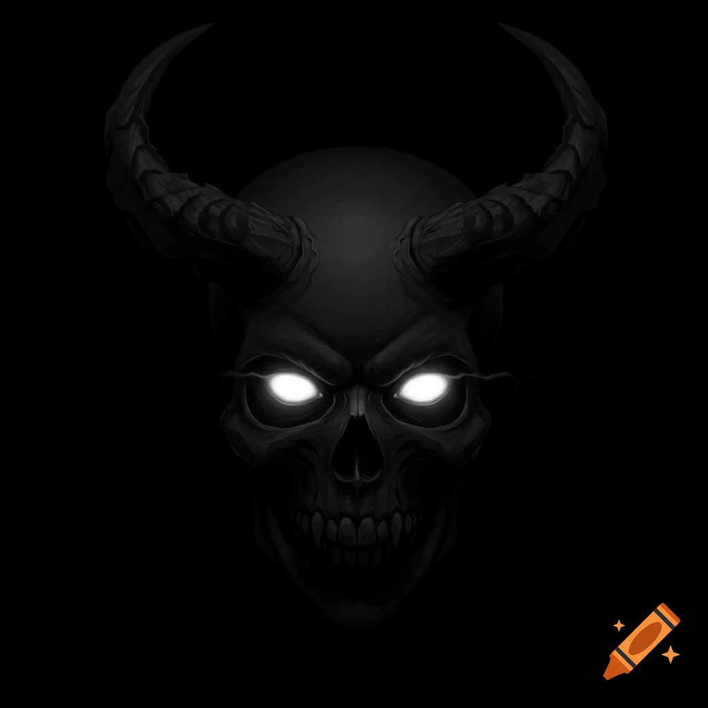 Black skull with horns and glowing white eyes.