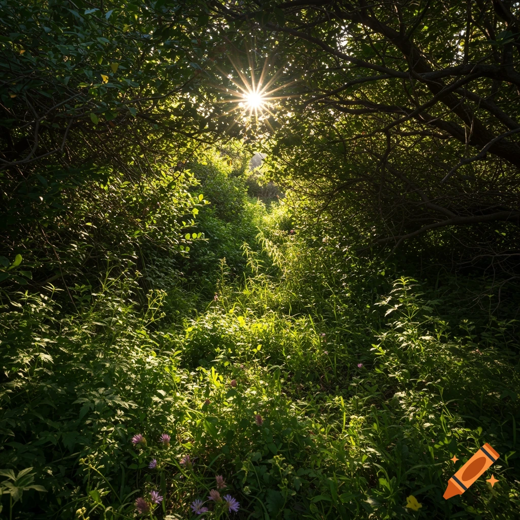 Sunlight streams through green leaves and trees in a lush forest or maquis landscape.