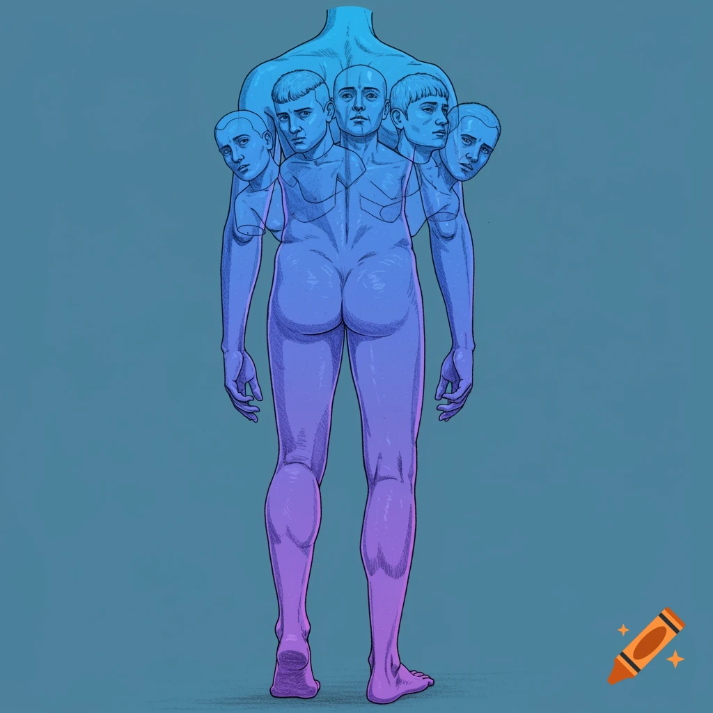Surreal illustration of a figure with multiple heads/torsos seen from behind, in blue, purple, pink.