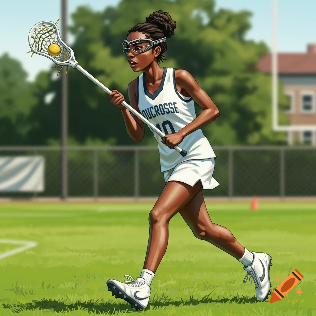 A black girl in a white jersey running with a lacrosse stick while playing lacrosse on a field.
