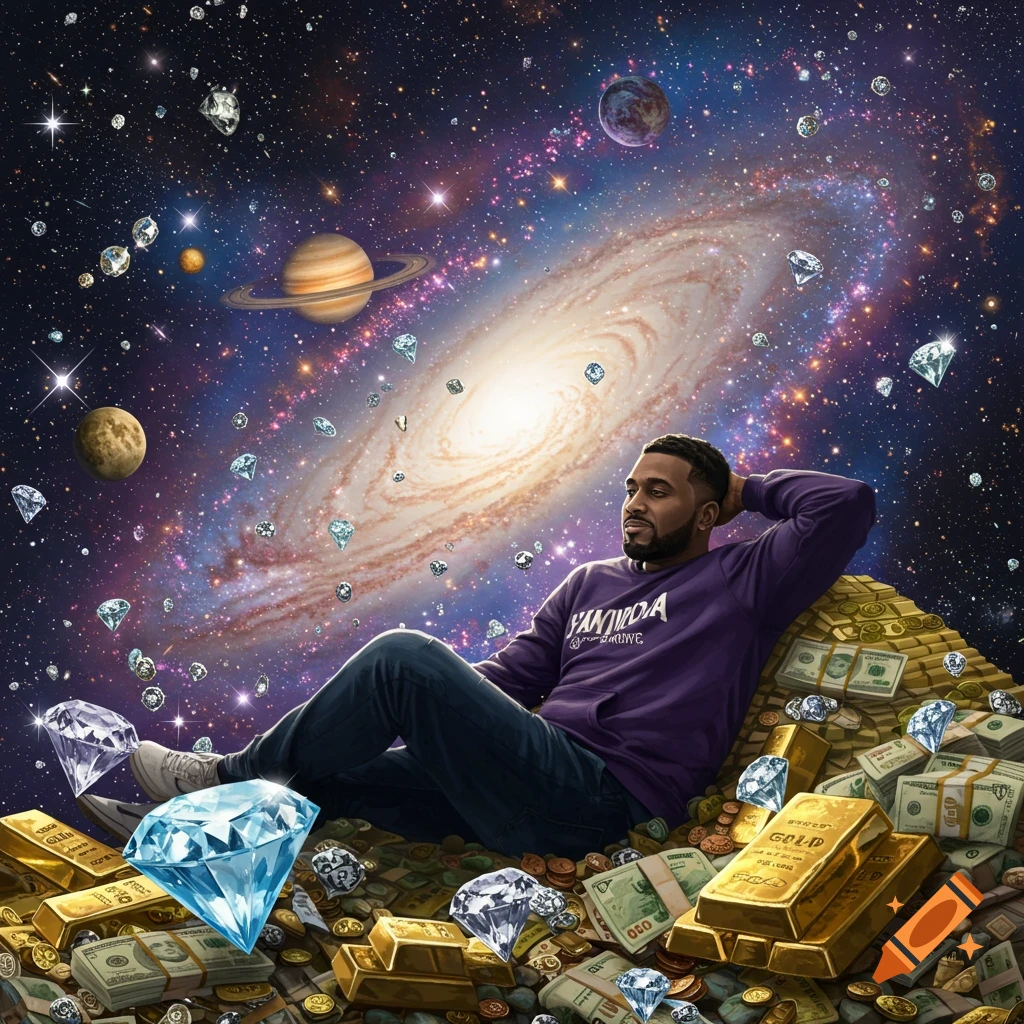A man sits on a pile of gold, money, and diamonds in outer space, surrounded by planets and diamonds.