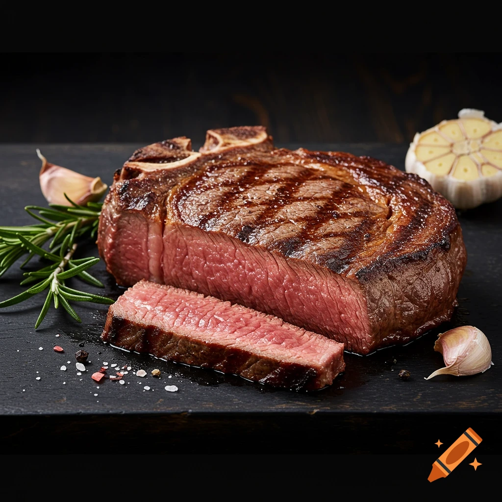 Sliced grilled steak with rosemary and garlic on a black surface