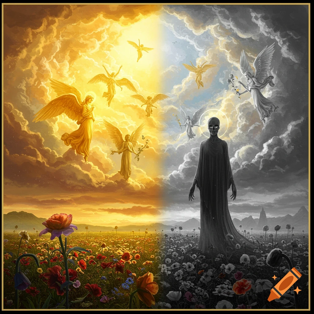 A split scene with golden heaven and angels on one side and grayscale death and a skeletal figure on the other, above a field of flowers.