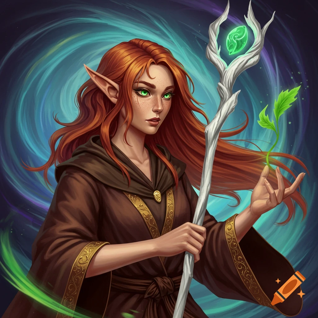 A red-haired elf sorceress in a brown robe holding a staff with a leaf.