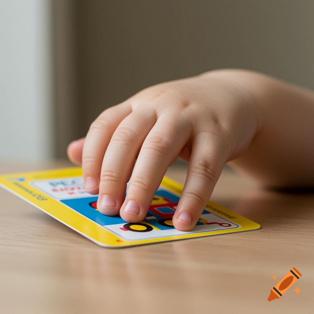Close-up photo of a child's hand gently holding a colorful PECS card with blurred text.