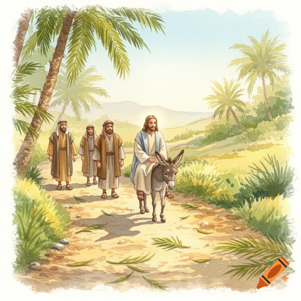 Watercolor of Jesus riding a donkey with followers on a path lined with palm trees.