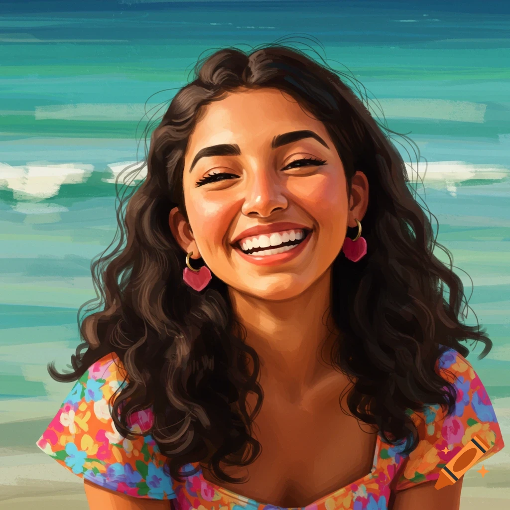 A smiling woman with dark curly hair and heart earrings stands on a beach.