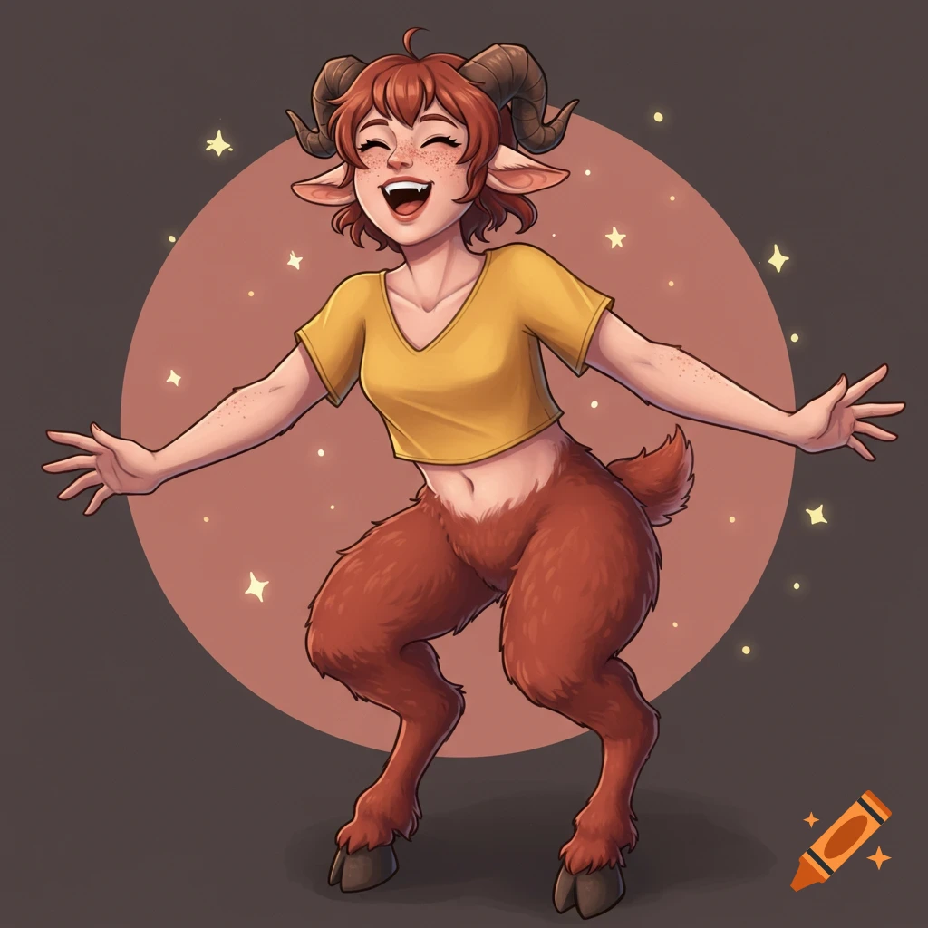 Illustration of a happy female satyr with goat legs and small horns, wearing a yellow crop top, laughing with arms outstretched.