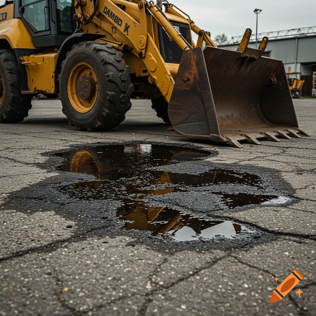 A low angle view of a yellow backhoe with a front loader bucket parked on cracked asphalt next to a puddle reflecting the machine.