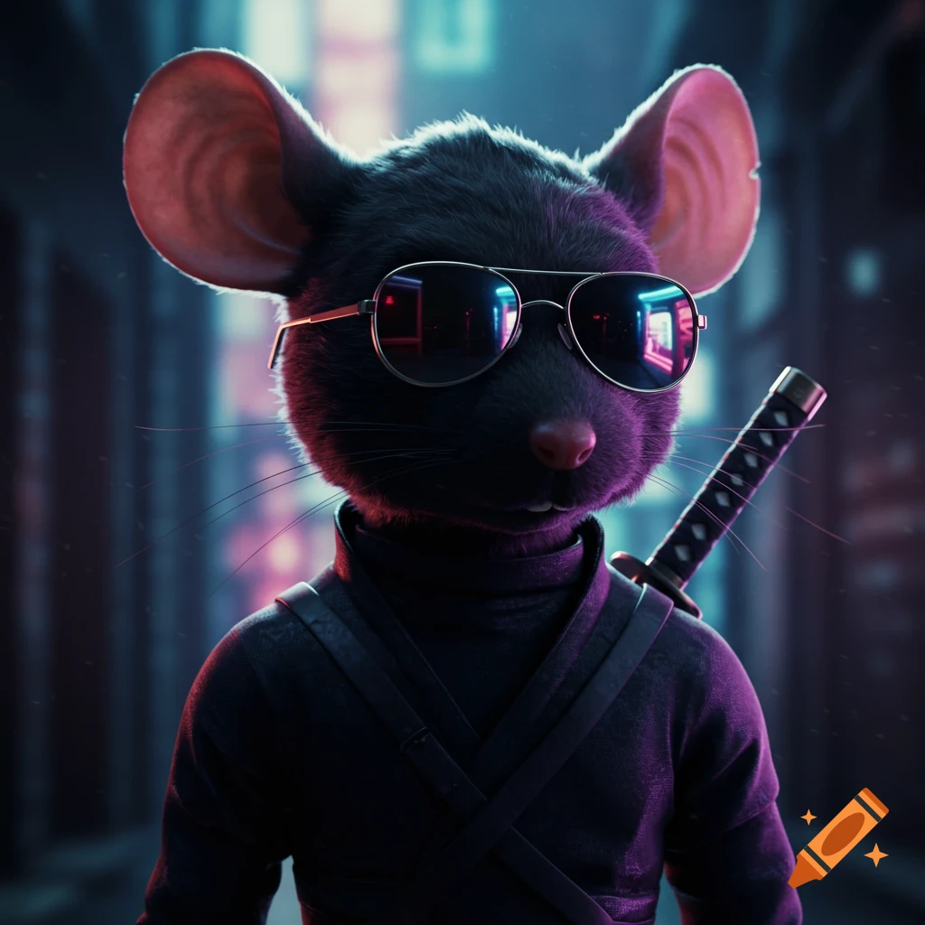 3D render of a ninja mouse wearing sunglasses in a dark urban alley.