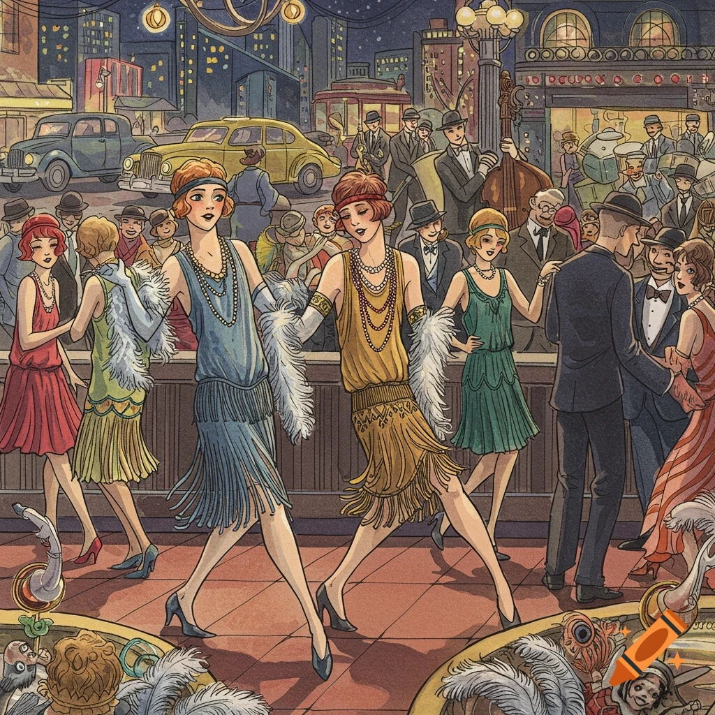 Illustration of flapper women dancing in a 1920s city street at night.