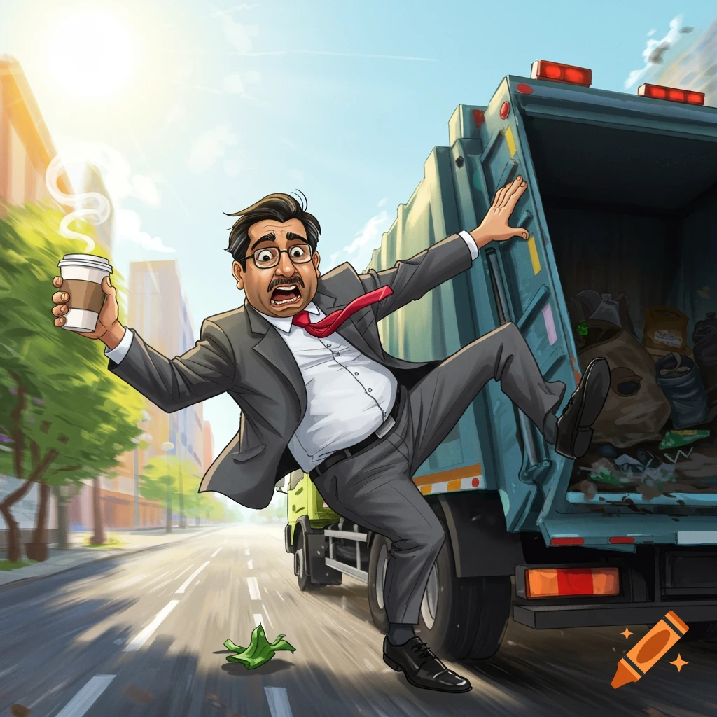 A businessman is falling on a banana peel next to a garbage truck, holding coffee.