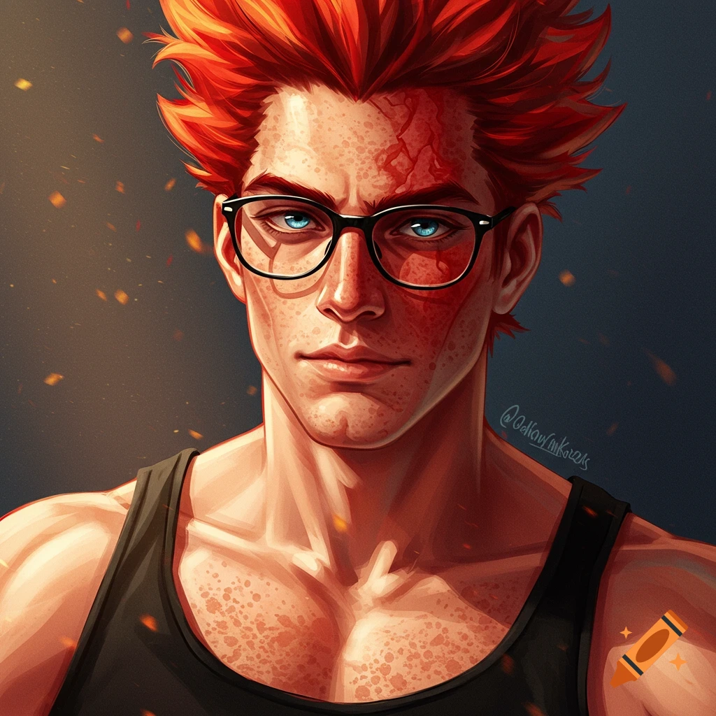 Portrait of a muscular man with fiery red hair, freckles, glasses, and blue eyes.