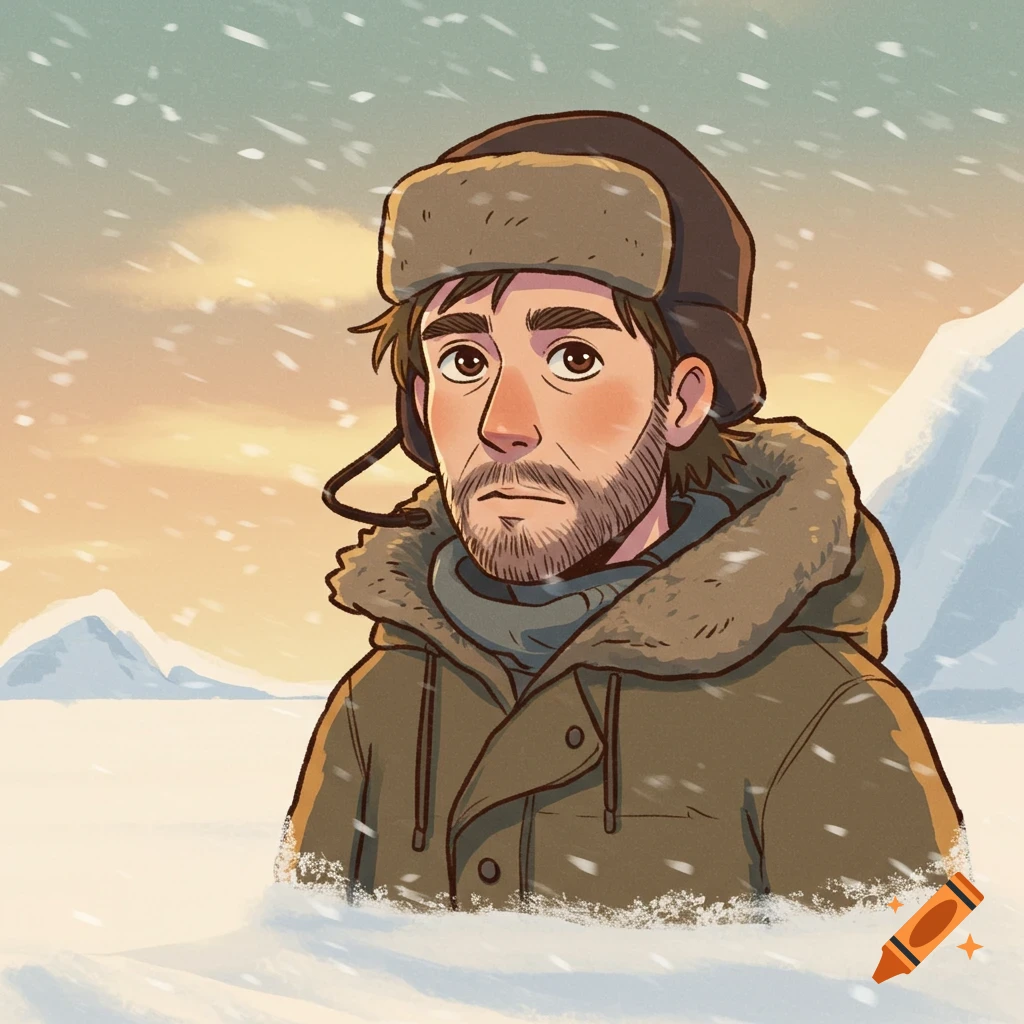 Illustration of a man in a winter coat and fur hat standing in a snowy landscape, ghibli style.