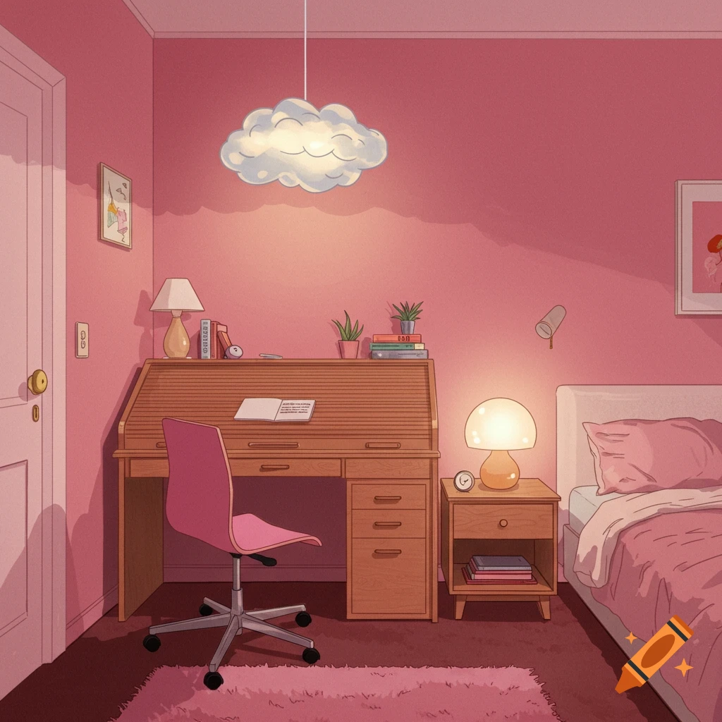 A pink bedroom with a roll top desk, a cloud hanging light, a bed, and a nightstand.